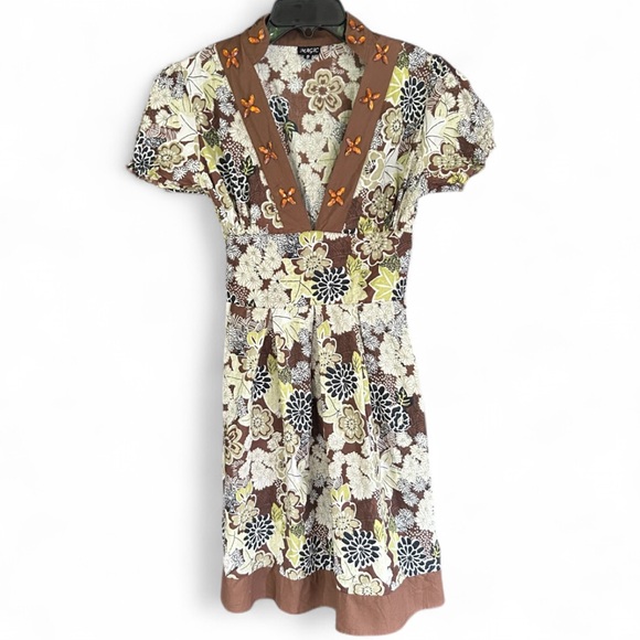 Magic Dresses & Skirts - Y2K MAGIC Babydoll Brown Floral Beaded Dress Fairy Grunge Retro Indie Boho Sz S